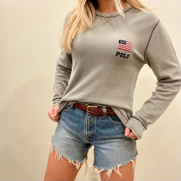 Polo Ralph Lauren Embroidered American Flag Logo Thermal Long Sleeve Tee in Gray - Picture 2 of 6